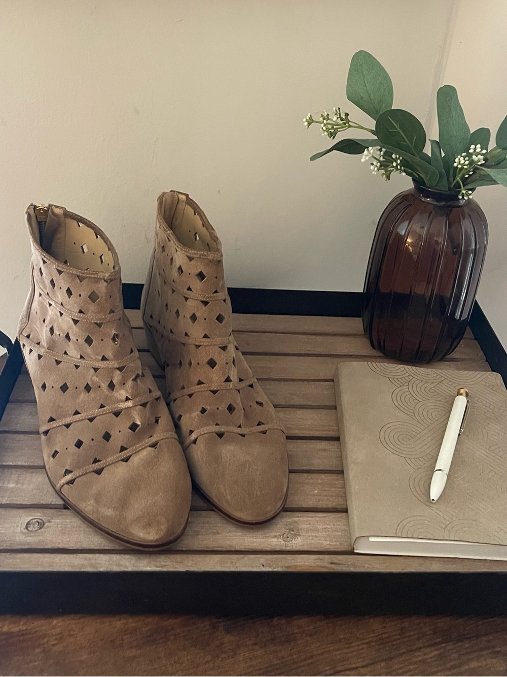 Michael Kors Taupe Suede Cutout Ankle Booties